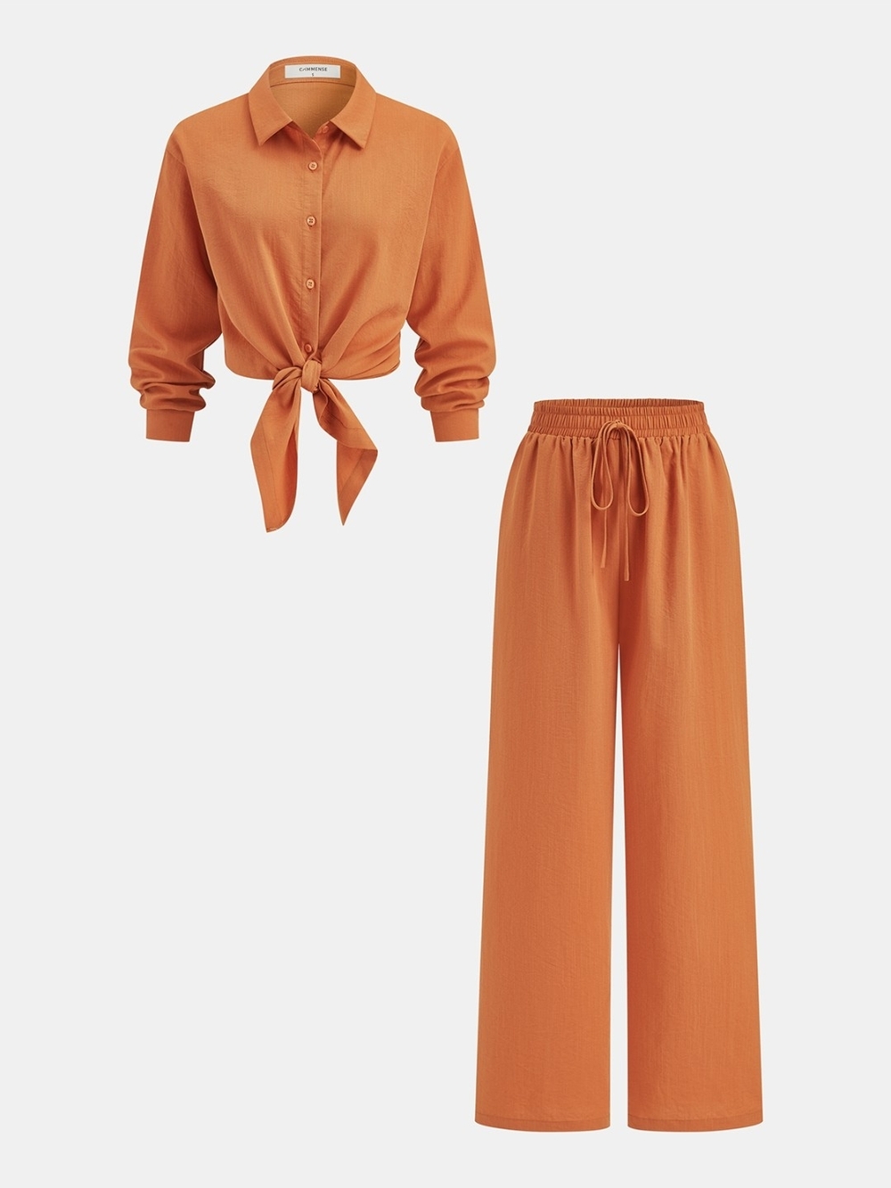 Commense Orange Tie-Front Shirt & Wide-Leg Pants Set